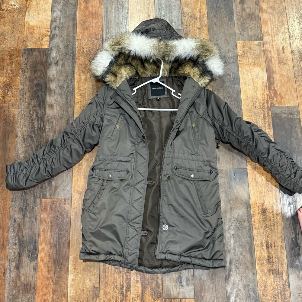 Maurices Khaki Faux Fur Trim Utility Jacket